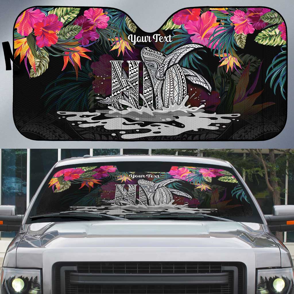 Personalised Hawaii Auto Sun Shade Humpback Whale Tattoo With Tropical Flowers Black
