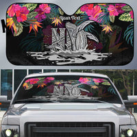 Personalised Hawaii Auto Sun Shade Humpback Whale Tattoo With Tropical Flowers Black