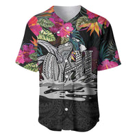 Personalised Hawaii Baseball Jersey Humpback Whale Tattoo With Tropical Flowers Black