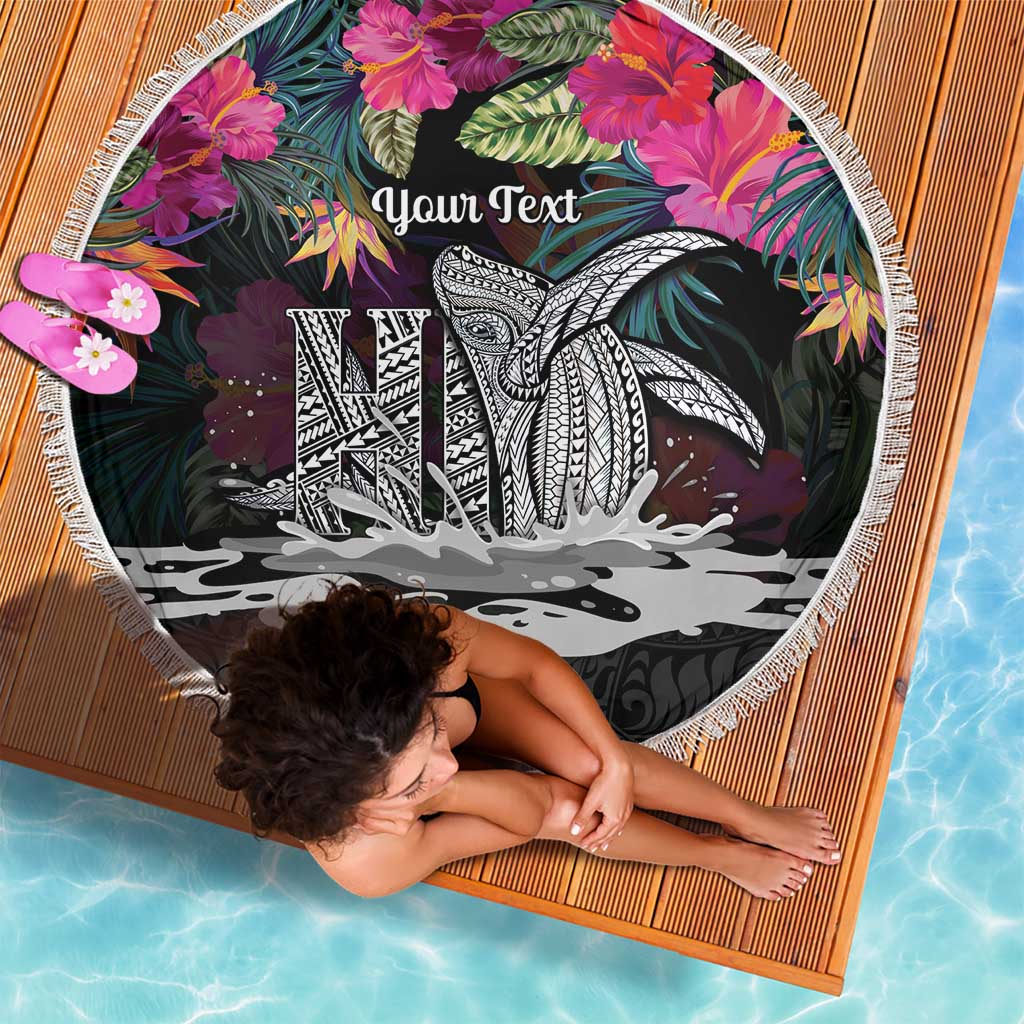 Personalised Hawaii Beach Blanket Humpback Whale Tattoo With Tropical Flowers Black