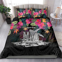 Personalised Hawaii Bedding Set Humpback Whale Tattoo With Tropical Flowers Black