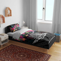 Personalised Hawaii Bedding Set Humpback Whale Tattoo With Tropical Flowers Black