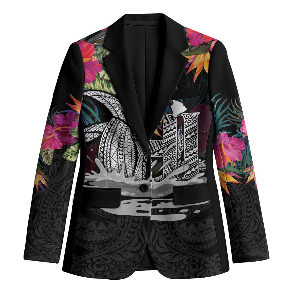 Personalised Hawaii Blazer Humpback Whale Tattoo With Tropical Flowers Black