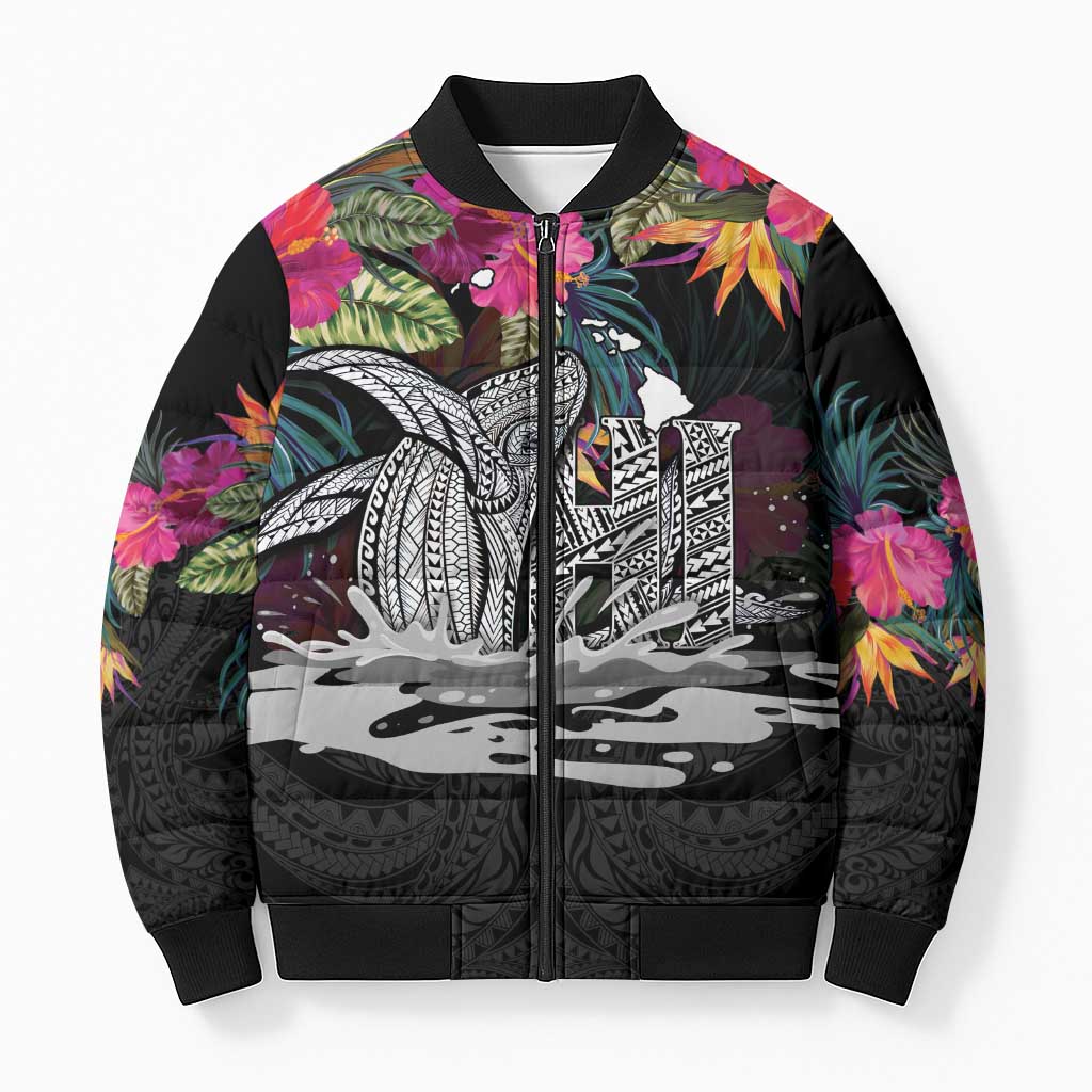 Personalised Hawaii Bomber Puffer Jacket Humpback Whale Tattoo With Tropical Flowers Black