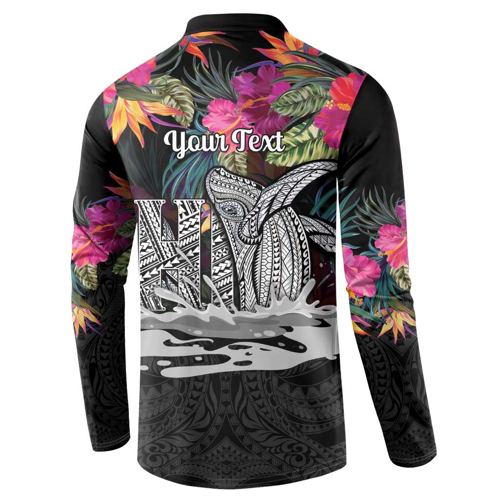Personalised Hawaii Button Sweatshirt Humpback Whale Tattoo With Tropical Flowers Black