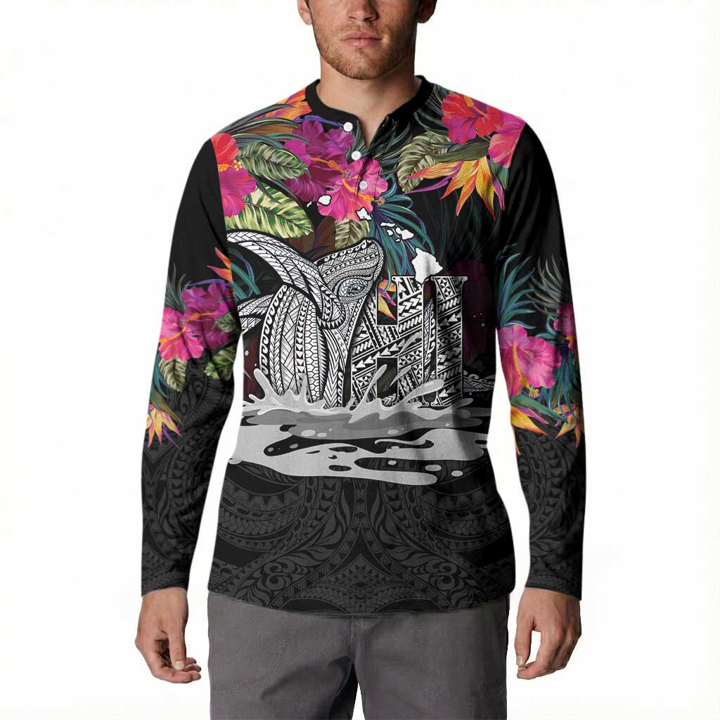 Personalised Hawaii Button Sweatshirt Humpback Whale Tattoo With Tropical Flowers Black