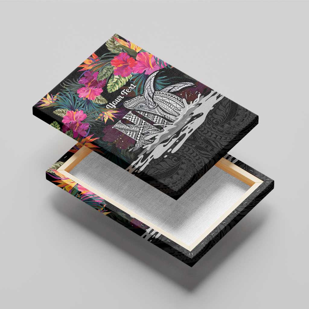 Personalised Hawaii Canvas Wall Art Humpback Whale Tattoo With Tropical Flowers Black