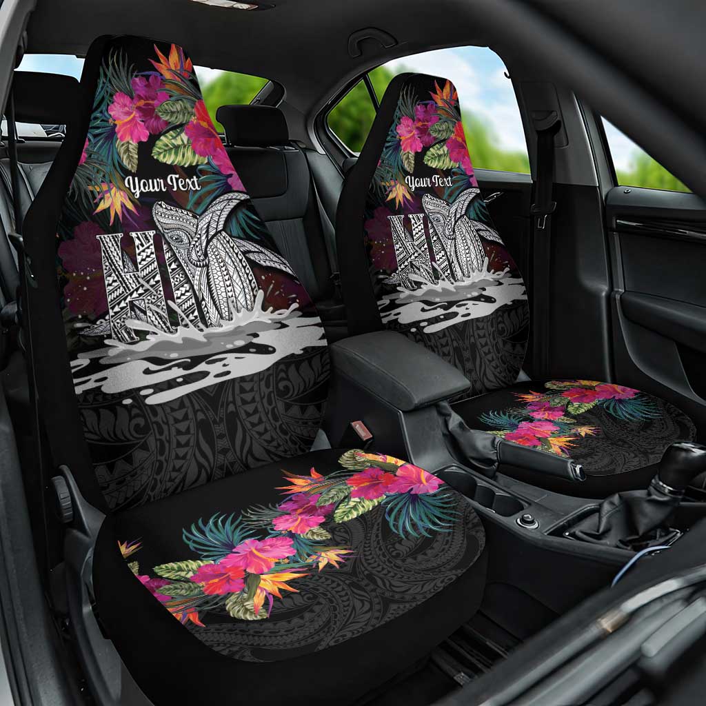 Personalised Hawaii Car Seat Cover Humpback Whale Tattoo With Tropical Flowers Black