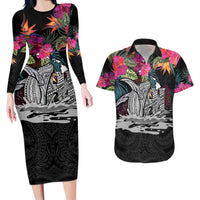 Personalised Hawaii Couples Matching Long Sleeve Bodycon Dress and Hawaiian Shirt Humpback Whale Tattoo With Tropical Flowers Black