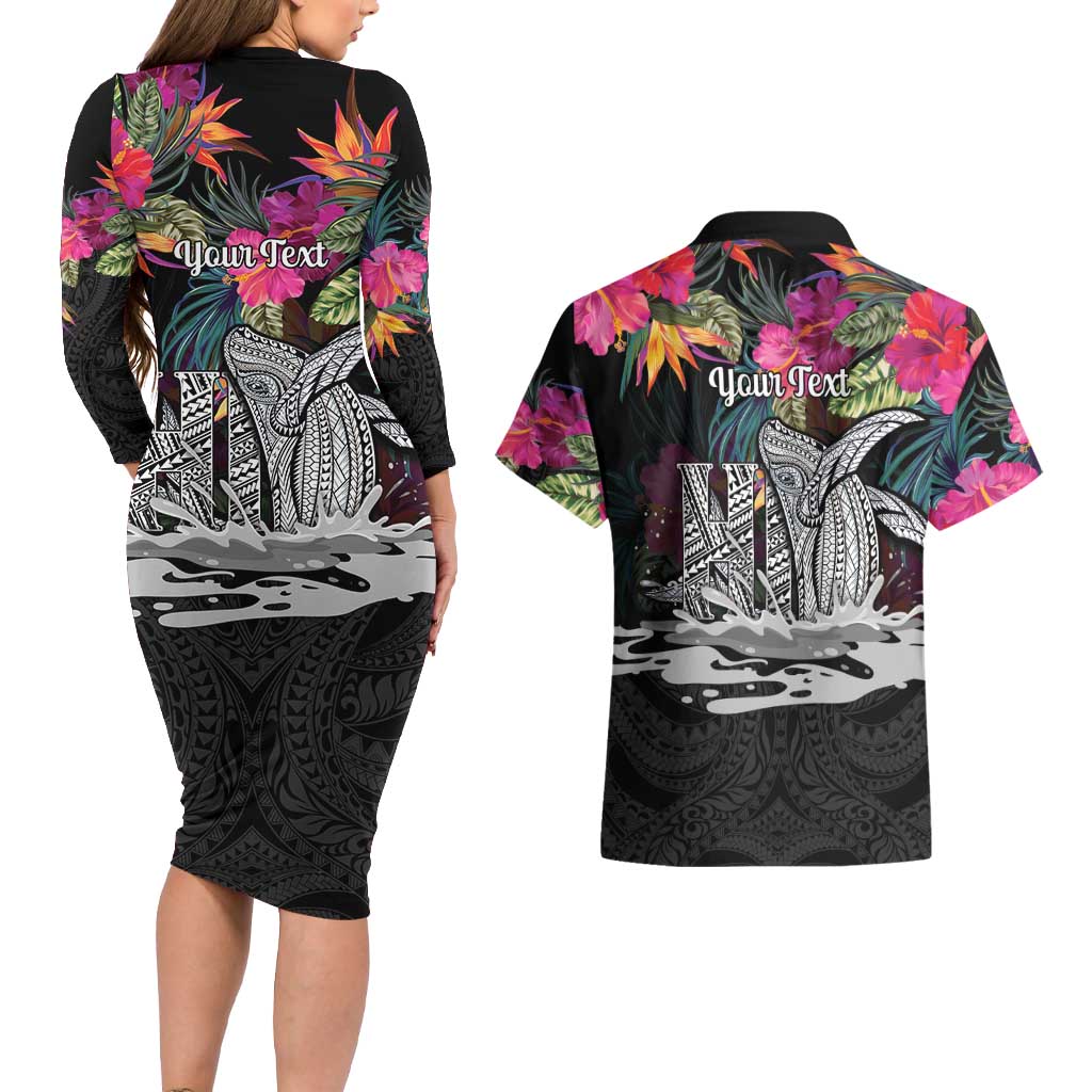 Personalised Hawaii Couples Matching Long Sleeve Bodycon Dress and Hawaiian Shirt Humpback Whale Tattoo With Tropical Flowers Black