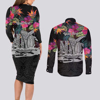 Personalised Hawaii Couples Matching Long Sleeve Bodycon Dress and Long Sleeve Button Shirt Humpback Whale Tattoo With Tropical Flowers Black