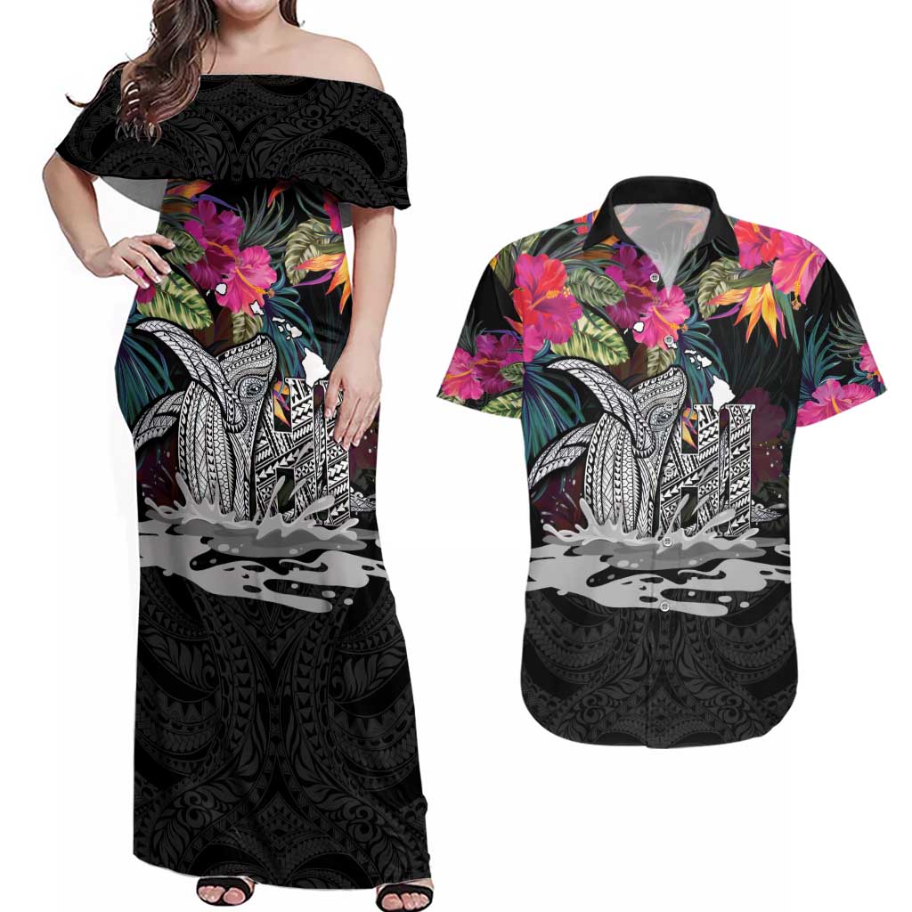 Personalised Hawaii Couples Matching Off Shoulder Maxi Dress and Hawaiian Shirt Humpback Whale Tattoo With Tropical Flowers Black