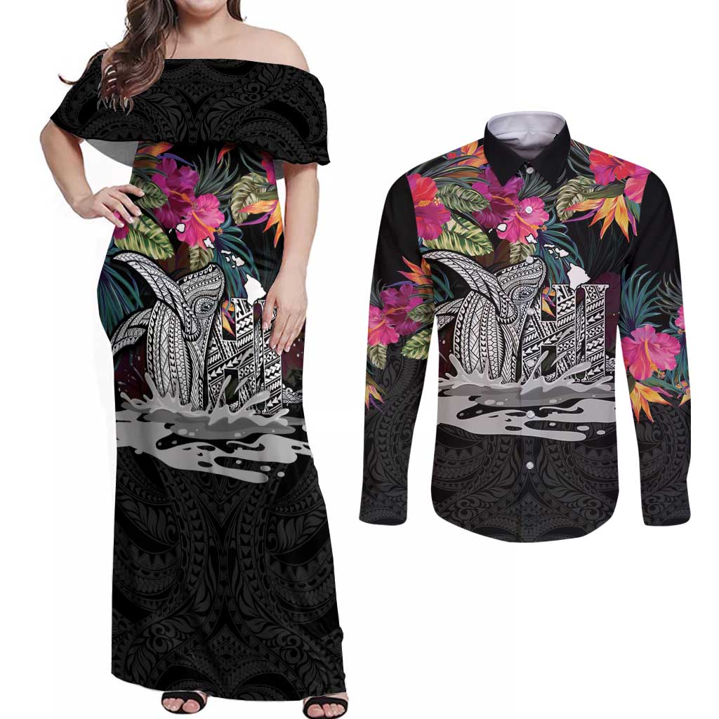 Personalised Hawaii Couples Matching Off Shoulder Maxi Dress and Long Sleeve Button Shirt Humpback Whale Tattoo With Tropical Flowers Black