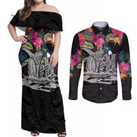 Personalised Hawaii Couples Matching Off Shoulder Maxi Dress and Long Sleeve Button Shirt Humpback Whale Tattoo With Tropical Flowers Black