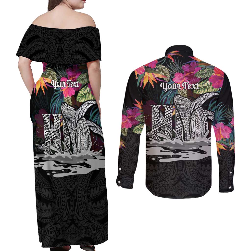 Personalised Hawaii Couples Matching Off Shoulder Maxi Dress and Long Sleeve Button Shirt Humpback Whale Tattoo With Tropical Flowers Black