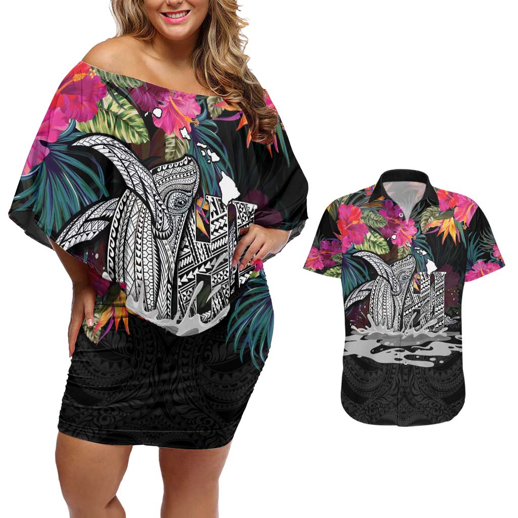 Personalised Hawaii Couples Matching Off Shoulder Short Dress and Hawaiian Shirt Humpback Whale Tattoo With Tropical Flowers Black