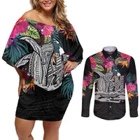 Personalised Hawaii Couples Matching Off Shoulder Short Dress and Long Sleeve Button Shirt Humpback Whale Tattoo With Tropical Flowers Black