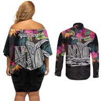 Personalised Hawaii Couples Matching Off Shoulder Short Dress and Long Sleeve Button Shirt Humpback Whale Tattoo With Tropical Flowers Black