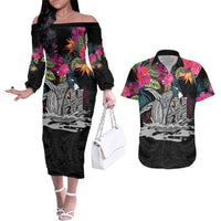 Personalised Hawaii Couples Matching Off The Shoulder Long Sleeve Dress and Hawaiian Shirt Humpback Whale Tattoo With Tropical Flowers Black