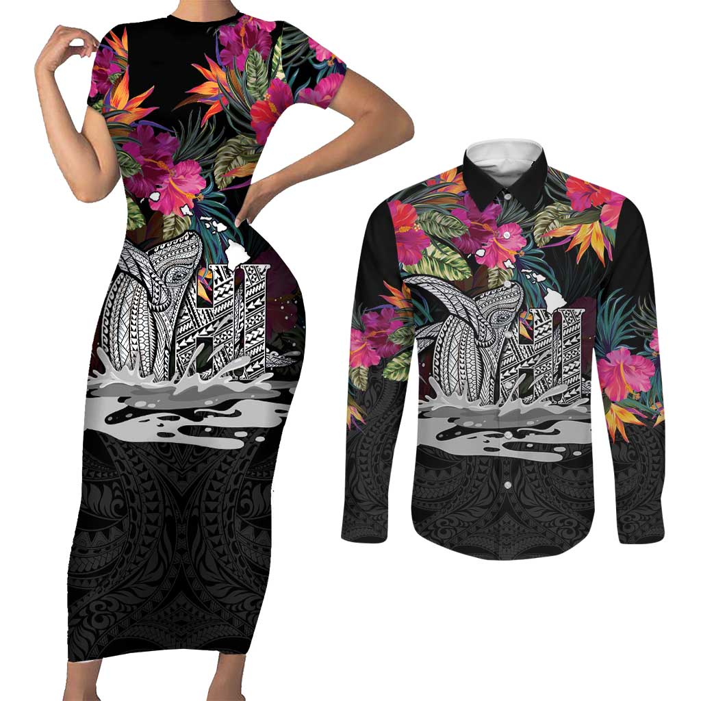 Personalised Hawaii Couples Matching Short Sleeve Bodycon Dress and Long Sleeve Button Shirt Humpback Whale Tattoo With Tropical Flowers Black