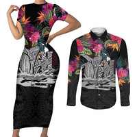 Personalised Hawaii Couples Matching Short Sleeve Bodycon Dress and Long Sleeve Button Shirt Humpback Whale Tattoo With Tropical Flowers Black