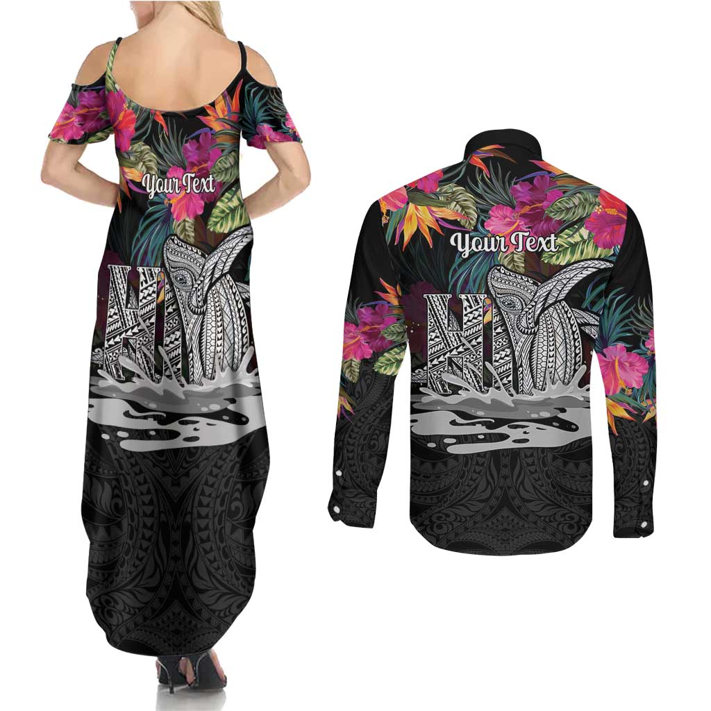 Personalised Hawaii Couples Matching Summer Maxi Dress and Long Sleeve Button Shirt Humpback Whale Tattoo With Tropical Flowers Black