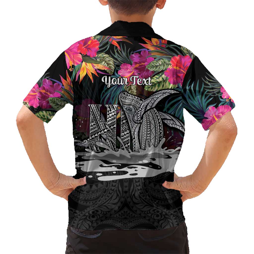 Personalised Hawaii Family Matching Long Sleeve Bodycon Dress and Hawaiian Shirt Humpback Whale Tattoo With Tropical Flowers Black