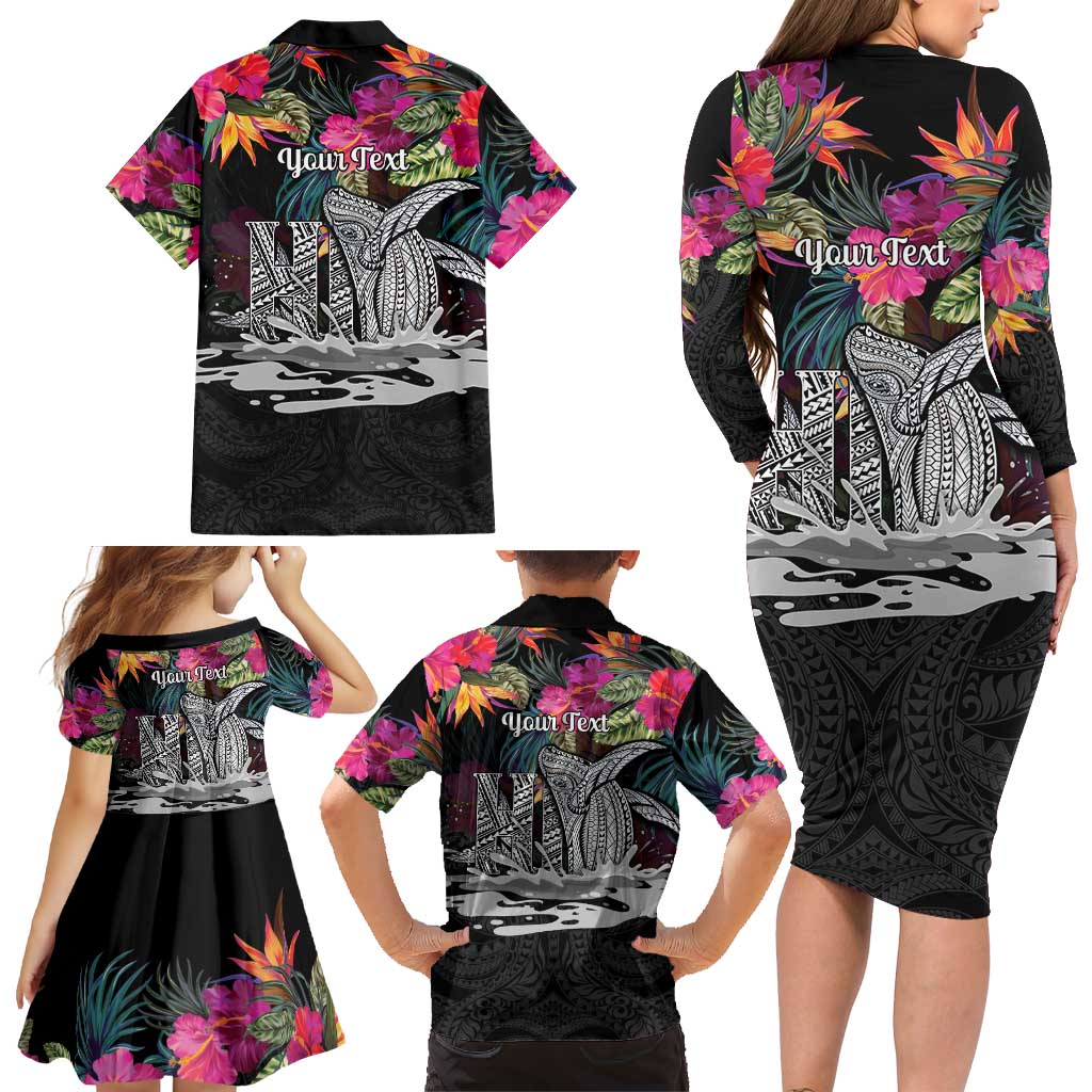 Personalised Hawaii Family Matching Long Sleeve Bodycon Dress and Hawaiian Shirt Humpback Whale Tattoo With Tropical Flowers Black