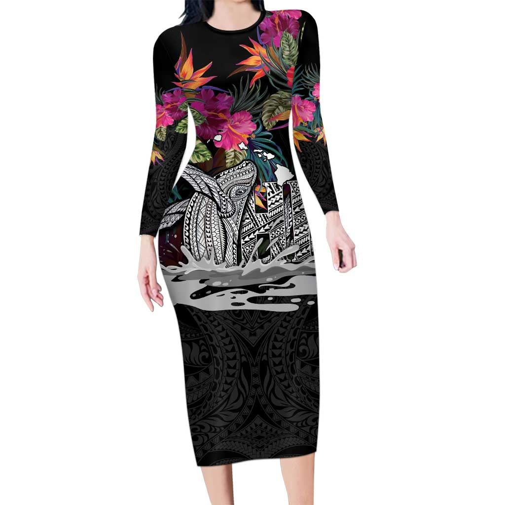 Personalised Hawaii Family Matching Long Sleeve Bodycon Dress and Hawaiian Shirt Humpback Whale Tattoo With Tropical Flowers Black