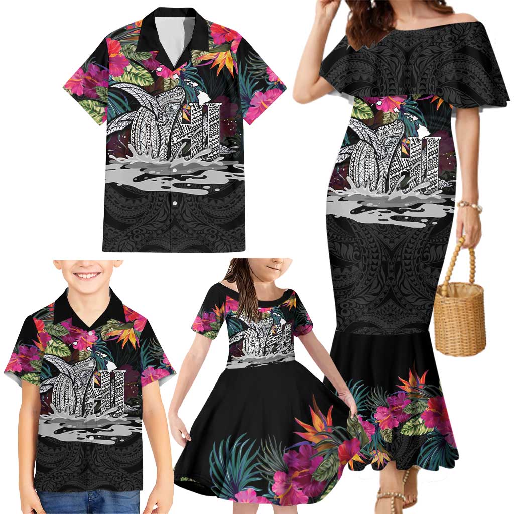 Personalised Hawaii Family Matching Mermaid Dress and Hawaiian Shirt Humpback Whale Tattoo With Tropical Flowers Black