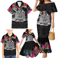 Personalised Hawaii Family Matching Mermaid Dress and Hawaiian Shirt Humpback Whale Tattoo With Tropical Flowers Black