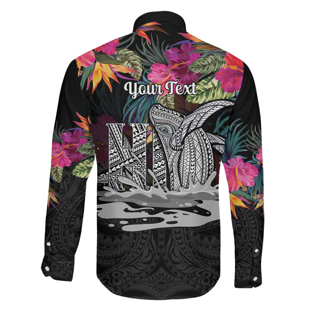 Personalised Hawaii Family Matching Mermaid Dress and Hawaiian Shirt Humpback Whale Tattoo With Tropical Flowers Black