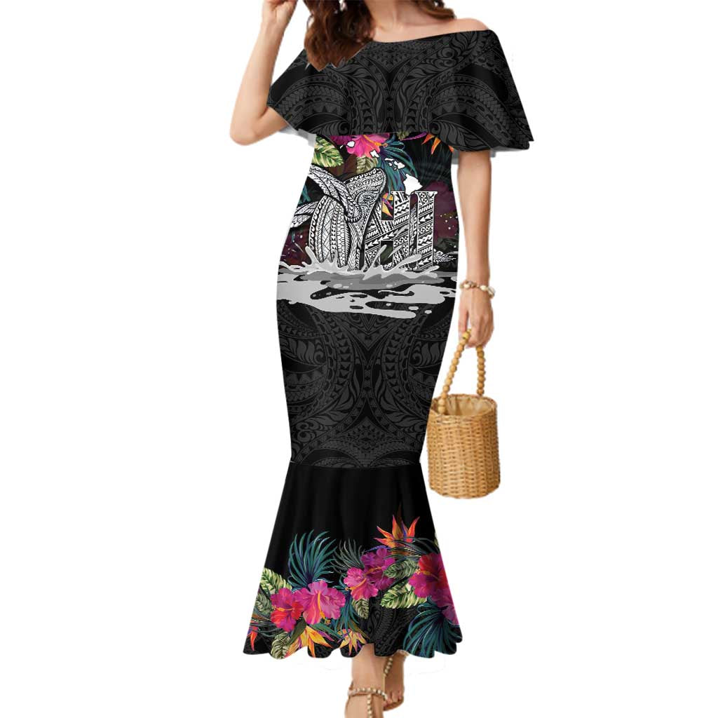 Personalised Hawaii Family Matching Mermaid Dress and Hawaiian Shirt Humpback Whale Tattoo With Tropical Flowers Black