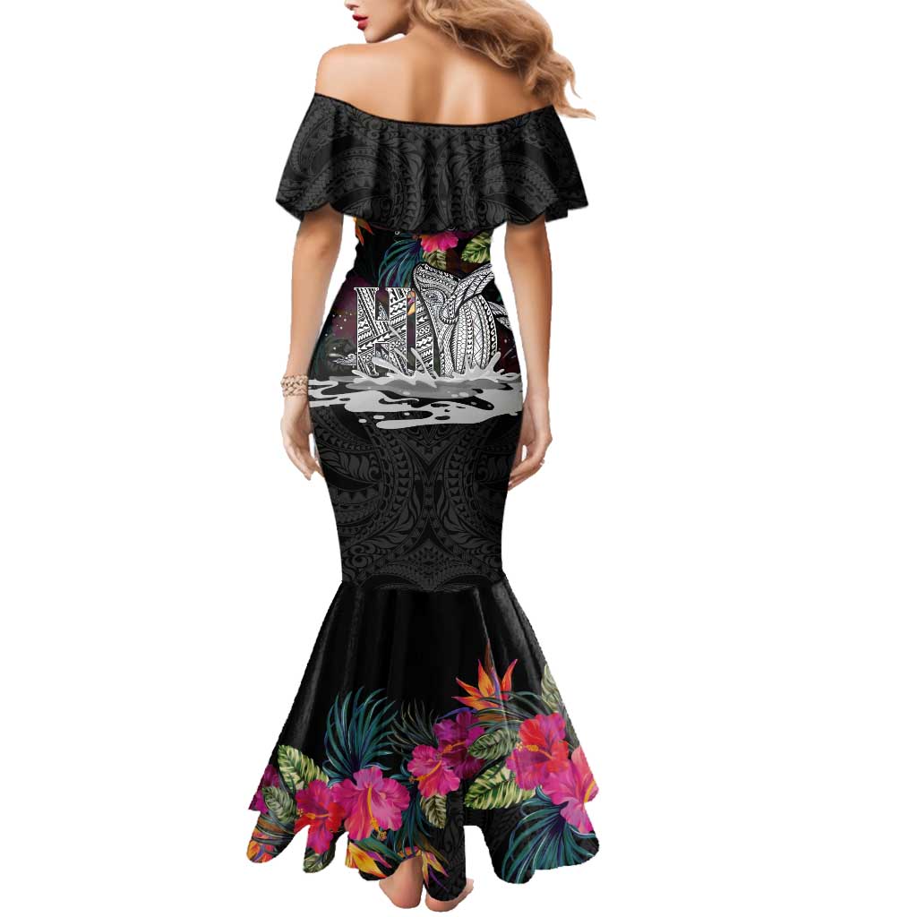 Personalised Hawaii Family Matching Mermaid Dress and Hawaiian Shirt Humpback Whale Tattoo With Tropical Flowers Black