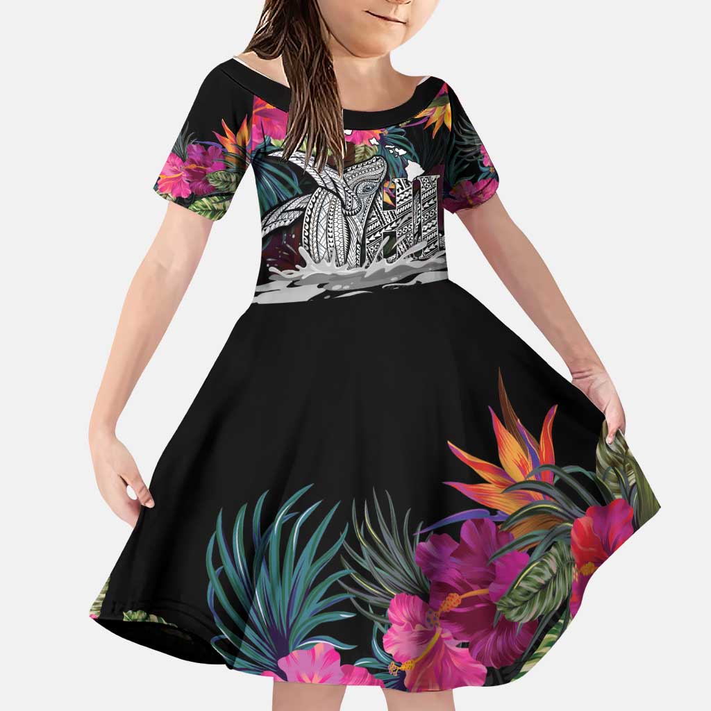 Personalised Hawaii Family Matching Off The Shoulder Long Sleeve Dress and Hawaiian Shirt Humpback Whale Tattoo With Tropical Flowers Black