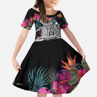 Personalised Hawaii Family Matching Off The Shoulder Long Sleeve Dress and Hawaiian Shirt Humpback Whale Tattoo With Tropical Flowers Black