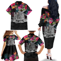 Personalised Hawaii Family Matching Off The Shoulder Long Sleeve Dress and Hawaiian Shirt Humpback Whale Tattoo With Tropical Flowers Black