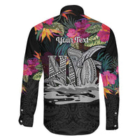 Personalised Hawaii Family Matching Off The Shoulder Long Sleeve Dress and Hawaiian Shirt Humpback Whale Tattoo With Tropical Flowers Black