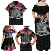 Personalised Hawaii Family Matching Off Shoulder Maxi Dress and Hawaiian Shirt Humpback Whale Tattoo With Tropical Flowers Black