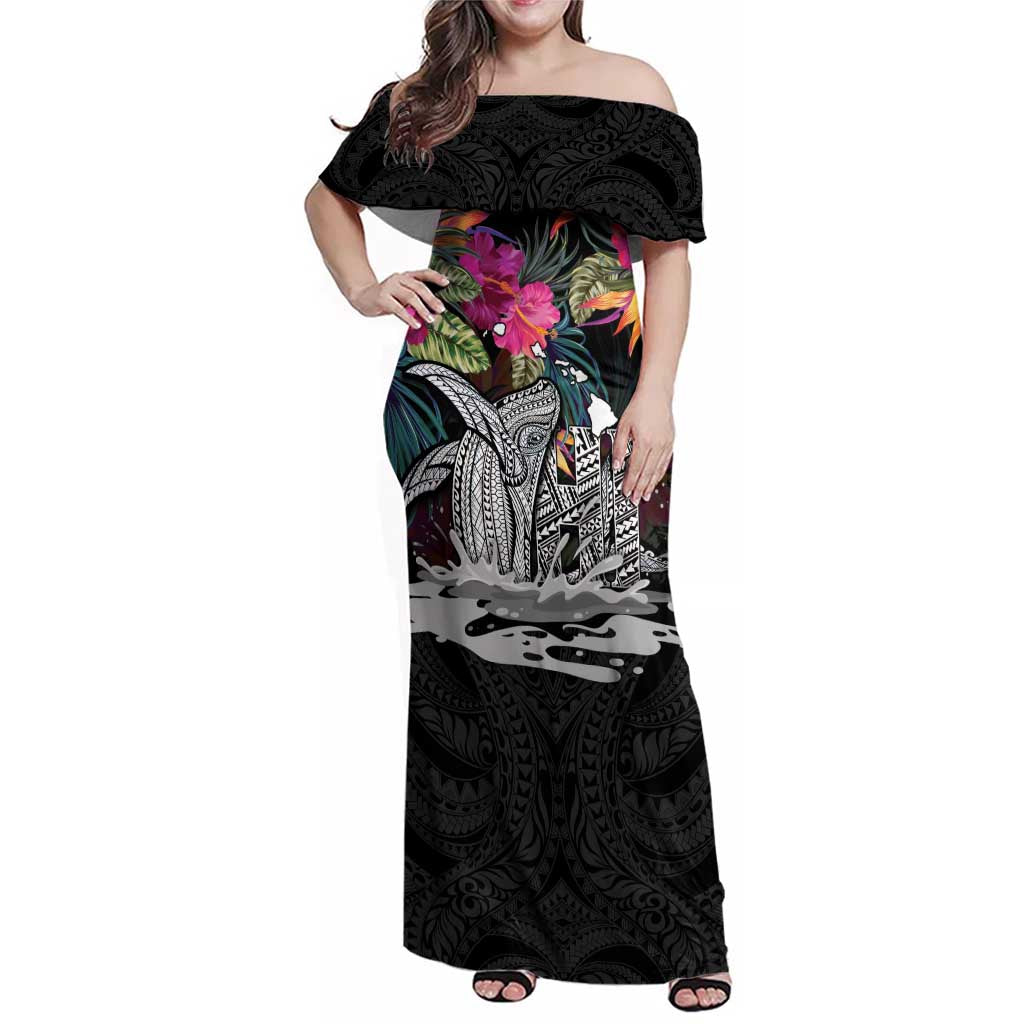 Personalised Hawaii Family Matching Off Shoulder Maxi Dress and Hawaiian Shirt Humpback Whale Tattoo With Tropical Flowers Black