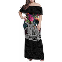 Personalised Hawaii Family Matching Off Shoulder Maxi Dress and Hawaiian Shirt Humpback Whale Tattoo With Tropical Flowers Black
