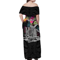 Personalised Hawaii Family Matching Off Shoulder Maxi Dress and Hawaiian Shirt Humpback Whale Tattoo With Tropical Flowers Black