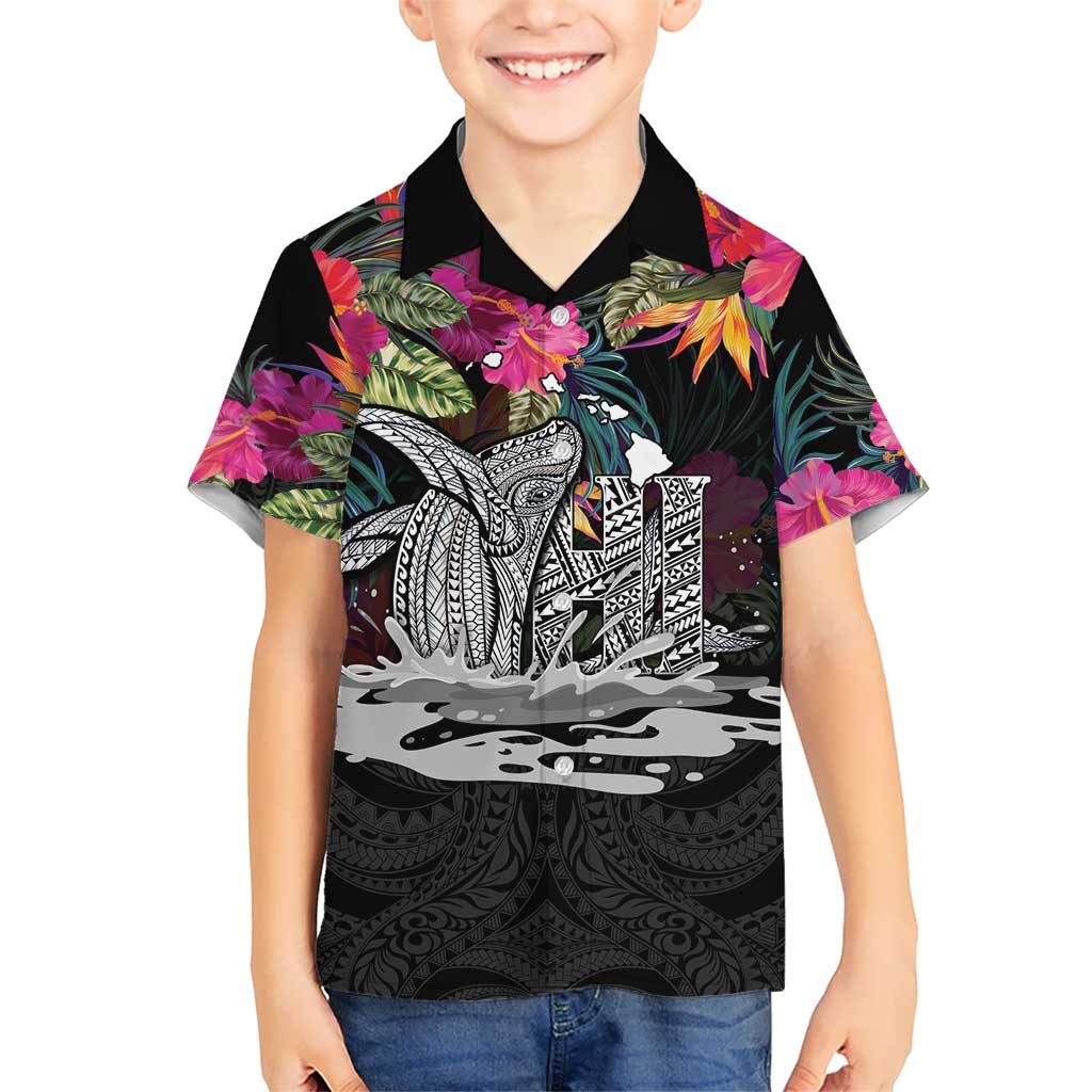 Personalised Hawaii Family Matching Off Shoulder Maxi Dress and Hawaiian Shirt Humpback Whale Tattoo With Tropical Flowers Black