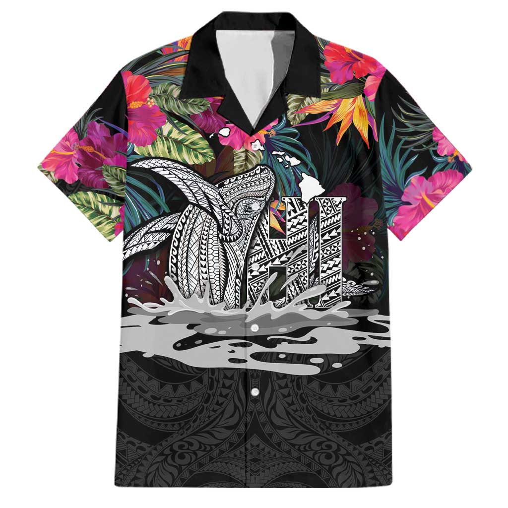 Personalised Hawaii Family Matching Off Shoulder Short Dress and Hawaiian Shirt Humpback Whale Tattoo With Tropical Flowers Black