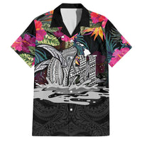 Personalised Hawaii Family Matching Off Shoulder Short Dress and Hawaiian Shirt Humpback Whale Tattoo With Tropical Flowers Black