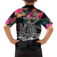 Personalised Hawaii Family Matching Short Sleeve Bodycon Dress and Hawaiian Shirt Humpback Whale Tattoo With Tropical Flowers Black