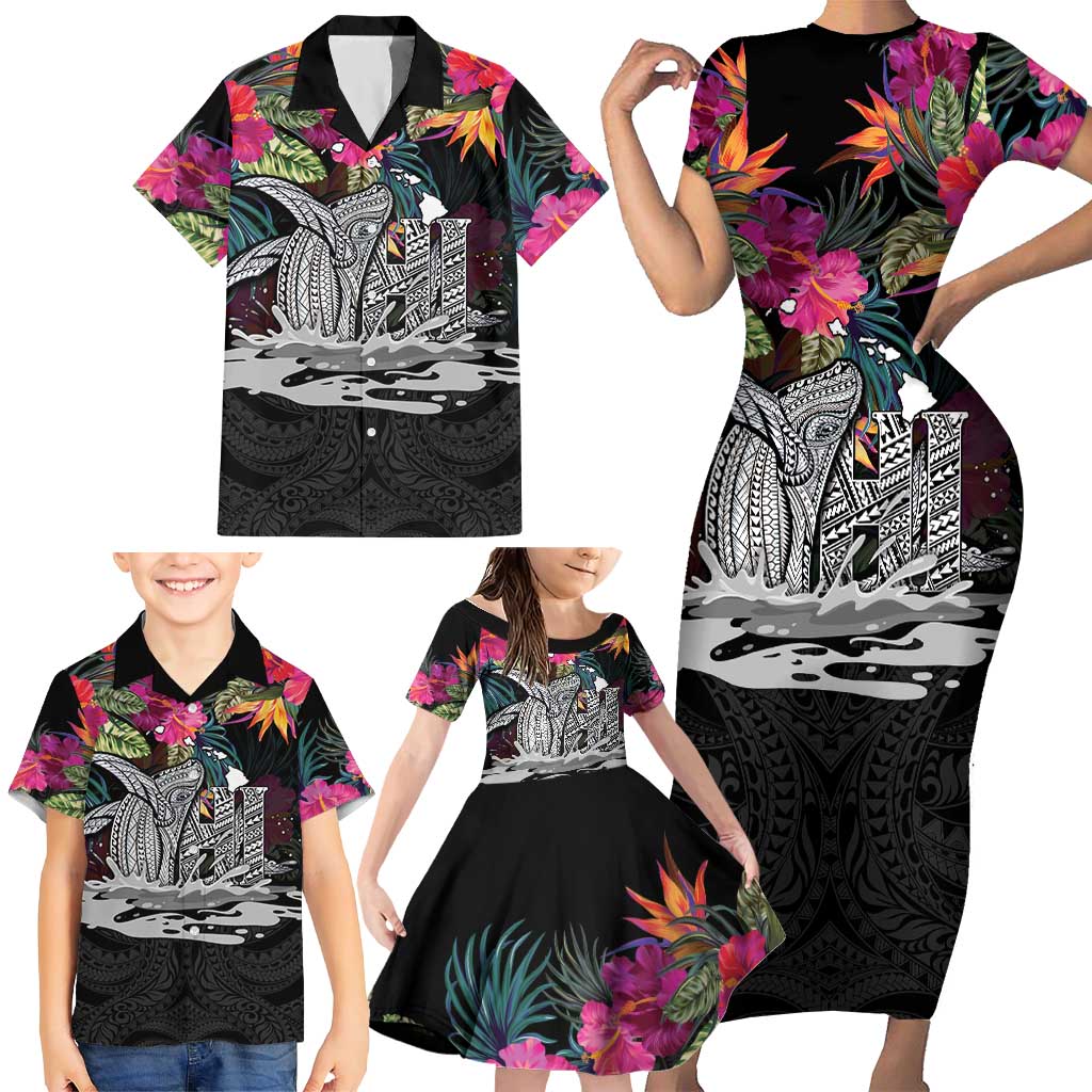 Personalised Hawaii Family Matching Short Sleeve Bodycon Dress and Hawaiian Shirt Humpback Whale Tattoo With Tropical Flowers Black