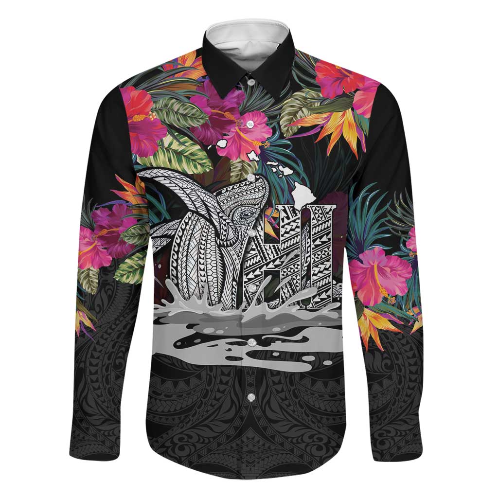 Personalised Hawaii Family Matching Short Sleeve Bodycon Dress and Hawaiian Shirt Humpback Whale Tattoo With Tropical Flowers Black
