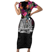 Personalised Hawaii Family Matching Short Sleeve Bodycon Dress and Hawaiian Shirt Humpback Whale Tattoo With Tropical Flowers Black