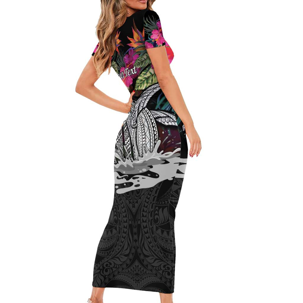 Personalised Hawaii Family Matching Short Sleeve Bodycon Dress and Hawaiian Shirt Humpback Whale Tattoo With Tropical Flowers Black